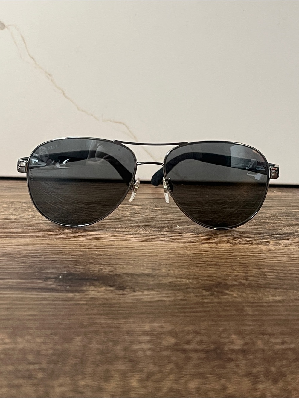 Authentic CHANEL Silver Aviator with quilted leather temples.4204-Q c.108/26